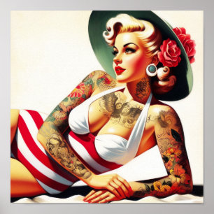 Affiche Costume de bain tatoué rétro Pin-up