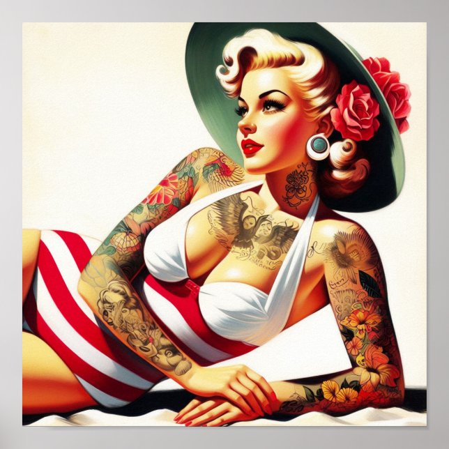 Affiche Costume de bain tatoué rétro Pin-up (Devant)