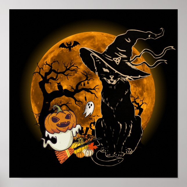 Affiche Costume de sorcière de chat noir effrayant Hallowe (Devant)