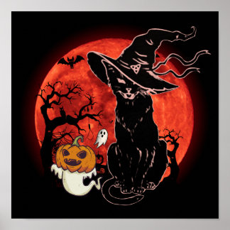 Affiche Costume de sorcière de chat noir rétro d'Halloween