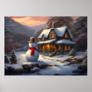 Affiche Cosy Christmas Cottage & Snowman   hiver vintage