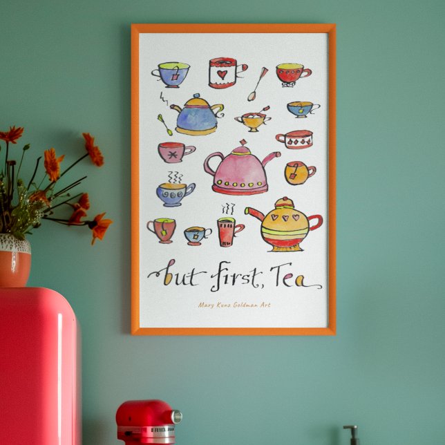 Affiche Cosy Cottagecore Tea Citation Boho Illustré À La M (But first, tea! This colorful hand-lettered tea print features my hand-drawn teapots and teacups.)