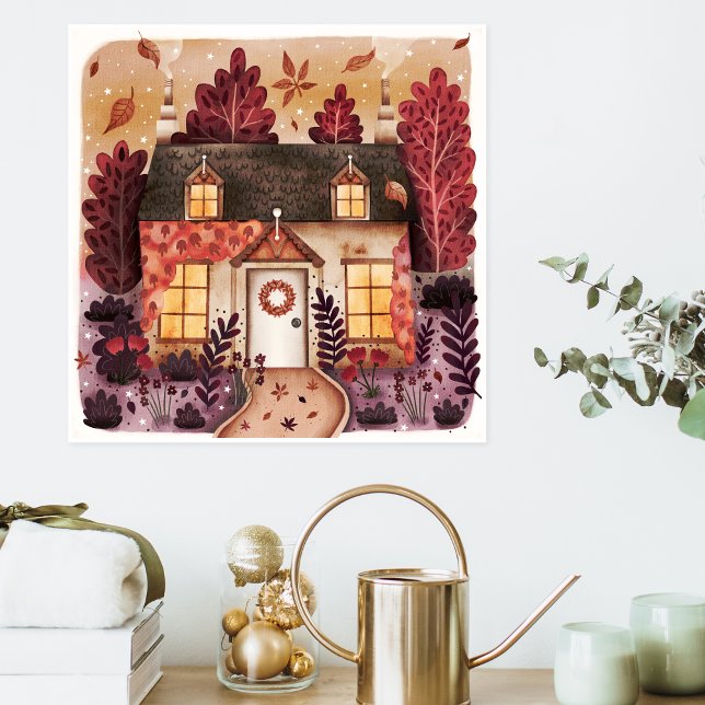 Affiche Cosy gîte à l'automne avec feuilles d'automne (Cozy Cottage in the Autumn With Fall Leaves Poster)