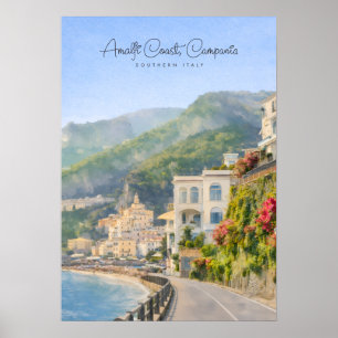 Affiche Côte d'Amalfi Aquarelle Souvenir de Voyage Romanti