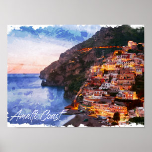 Affiche Côte d'Amalfi Italie Aquarelle Côte Positano