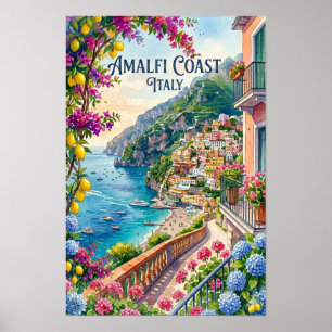 Affiche Côte d'Amalfi Italie Aquarelle Voyage Tropical