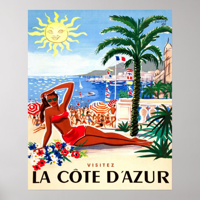 Affiche Côte d'Azur, bikini fille sur la plage, France (Devant)
