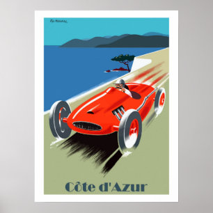 Affiche Côte d'Azur, voiture de course, voyage vintage