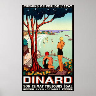 Affiche Côte de Dinard, filles nageant, voyage vintage