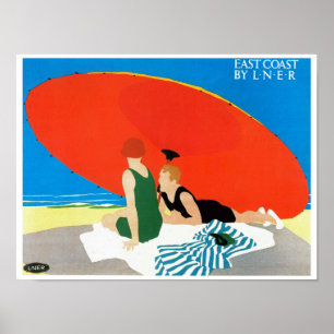 Affiche Côte Est par le parapluie de plage de ~ de LNER