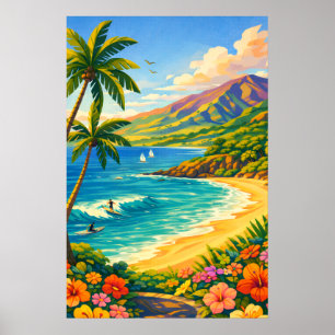 Affiche Côte tropicale rétro de voyage de Maui Hawaï