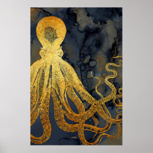 Affiche Côte Vintage or bleu noir octopus aquarelle