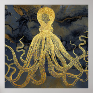 Affiche Côte Vintage or bleu noir octopus aquarelle