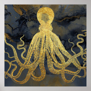 Affiche Côte Vintage or bleu noir octopus aquarelle