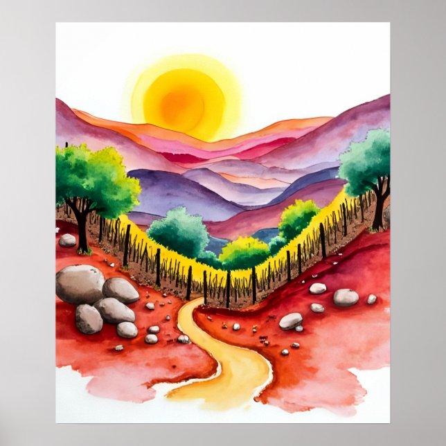 Affiche Coteau de coucher de soleil avec aquarelle d'arbre (Devant)