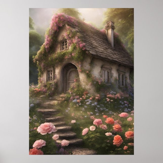 Affiche Cottage à fleurs roses (Devant)