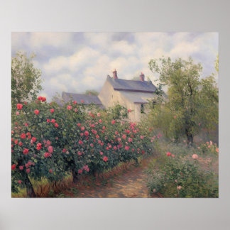 Affiche Cottage anglais jardin rose - art vintage