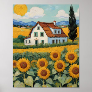 Affiche Cottage au milieu des champs de tournesol