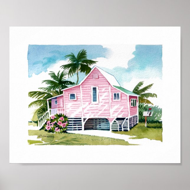 Affiche Cottage de plage rose Aquarelle Tropical (Devant)