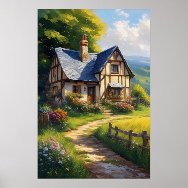 Affiche Cottage Enchantant Au Milieu De Belles Fleurs (Devant)