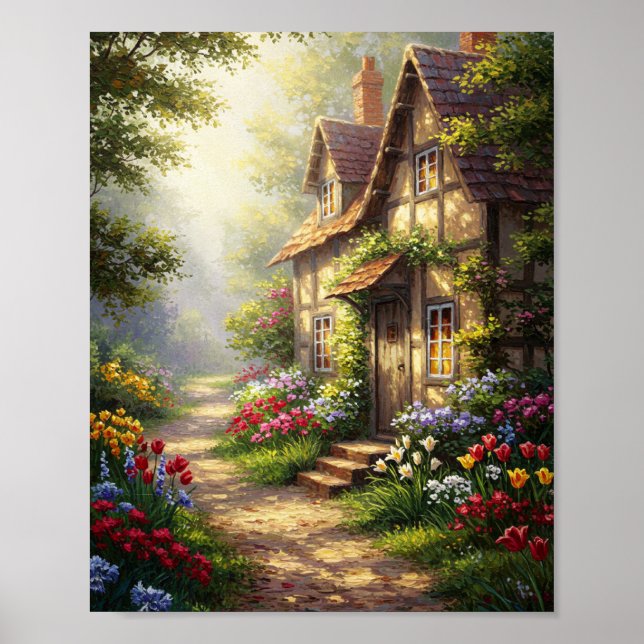 Affiche Cottage ensoleillé & fleurs | Chef-d'œuvre à l'hui (Devant)