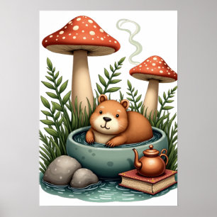 Affiche Cottagecore Capybara Source Thermale Champignon Co
