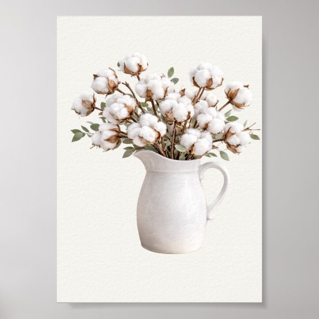 Affiche Cotton Flowers in White Pitcher Botanical Farmhous (Devant)