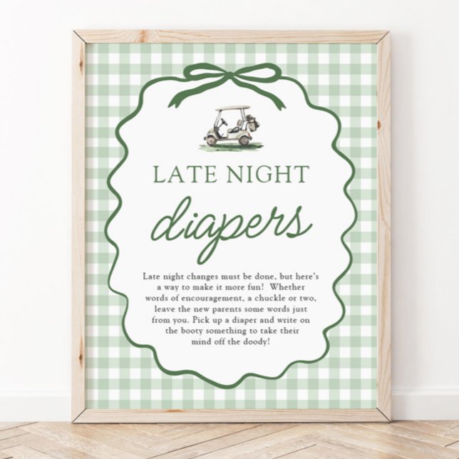 Affiche Couche de Golf Vert Sauge Nuit de Bébé Shower de B (Sage Green Golf Late Night Diapers Baby Shower Game Sign)
