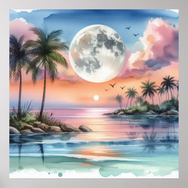 Affiche Coucher de lune au-dessus de la mer et de l'île tr (Devant)