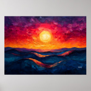 Affiche Coucher de soleil abstrait vibrant sur des vagues