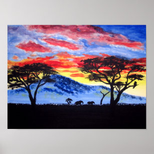 Affiche Coucher de soleil africain Safari animal Silhouett