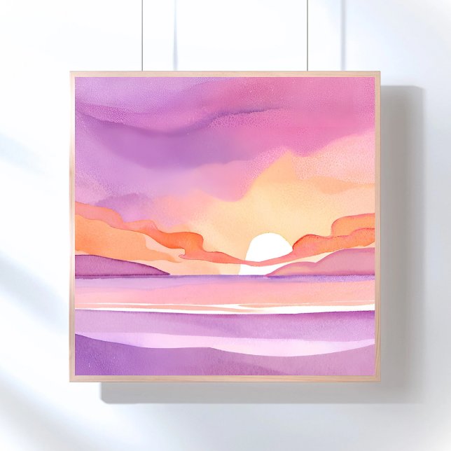 Affiche Coucher de soleil aquarelle rose | Beau ciel océan (Créateur téléchargé)
