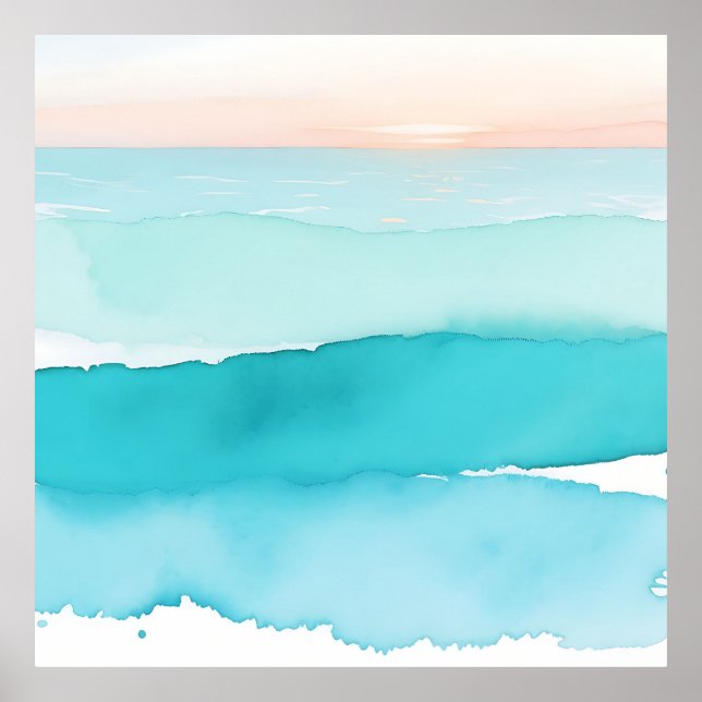 Affiche Coucher de soleil aquarelle sur l'océan turquoise (Devant)