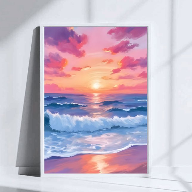 Affiche Coucher de soleil aquarelle vagues océaniques rose (Créateur téléchargé)