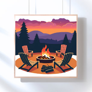 Affiche Coucher de soleil au feu de camp   Peinture de cam