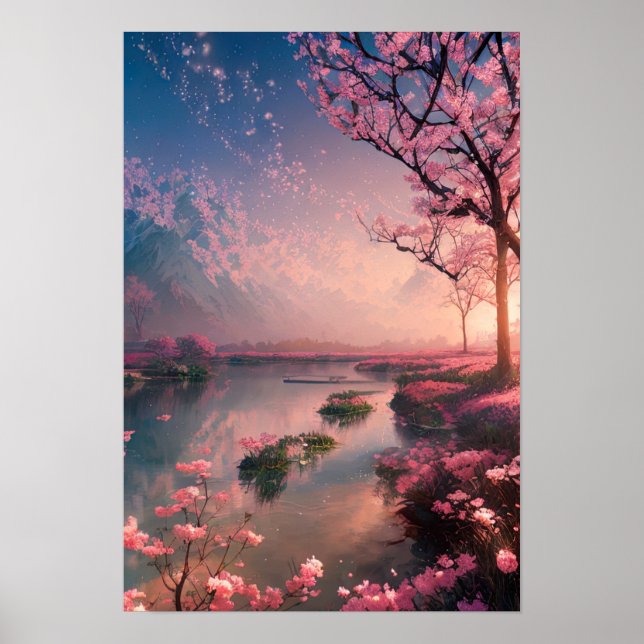 Affiche Coucher de soleil au lac Cherry Blossom (Devant)