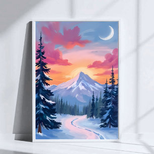 Affiche Coucher de soleil au sommet enneigé Peinture de