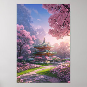 Affiche Coucher de soleil au temple japonais