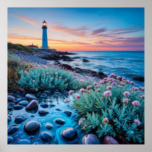 Affiche Coucher de soleil avec fleurs vibrantes et pierres