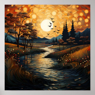 Affiche Coucher de soleil avec oiseaux et ruisseau