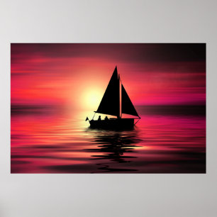 Affiche Coucher de soleil, Bateau à voile dans la mer-3918