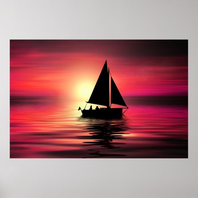 Affiche Coucher de soleil, Bateau à voile dans la mer-3918 (Devant)