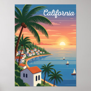 Affiche Coucher de soleil californien Voyage vintage Plage