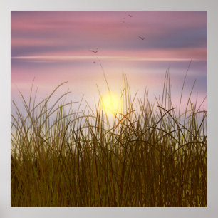 Affiche Coucher de soleil champ de blé doré peinture à l'h