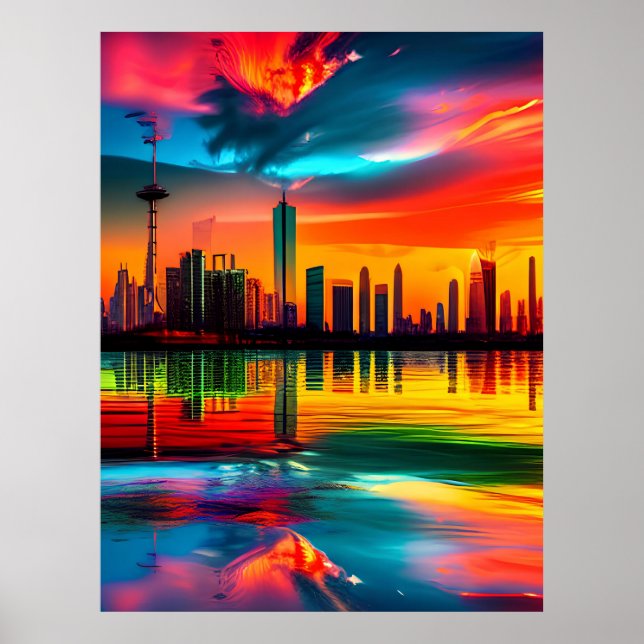 Affiche Coucher de soleil coloré Cityscape Art (Devant)
