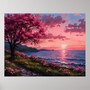 Affiche Coucher de soleil coloré vibrant sur un paysage fl