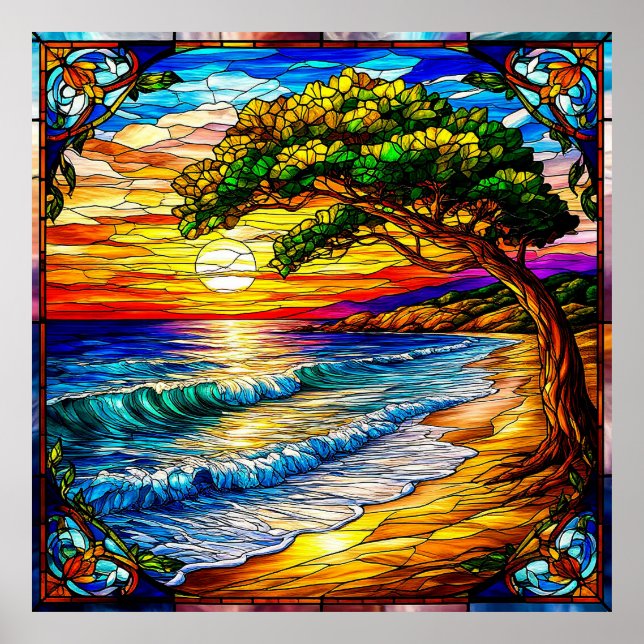 Affiche Coucher de soleil côtier avec des vagues et un arb (Devant)