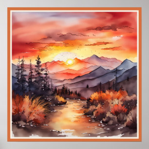Affiche Coucher de soleil d'automne sur l'aquarelle de mon
