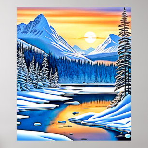 Affiche Coucher de soleil de montagne d'hiver