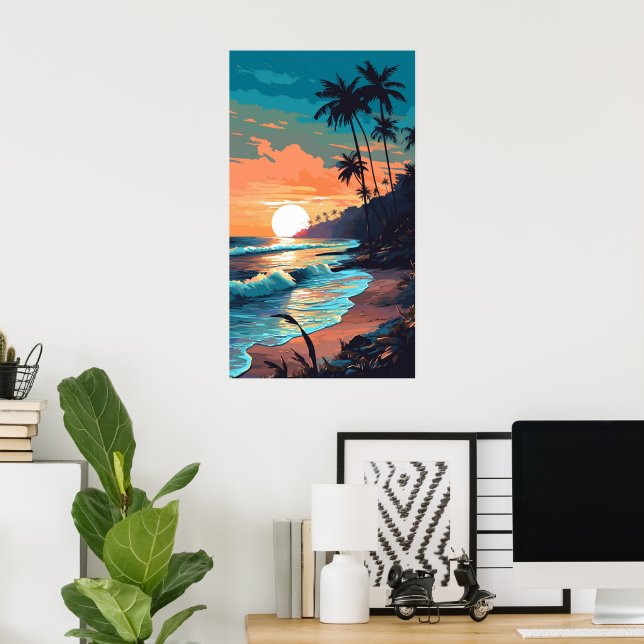 Affiche Coucher de soleil de plage tropical (Bureau à domicile)